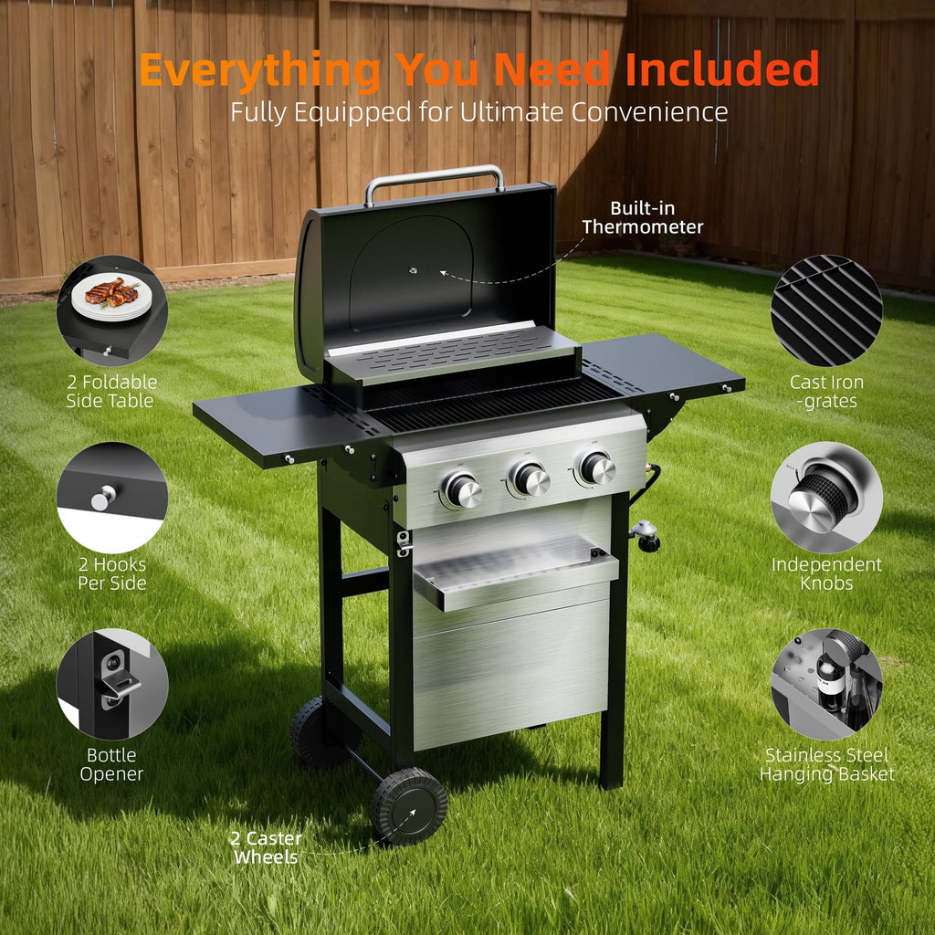 Biotree 3 Burner BBQ Propane Gas Grill, Stainless Steel 26,000 BTU Patio Garden Barbecue Grill with Two Foldable Shelves