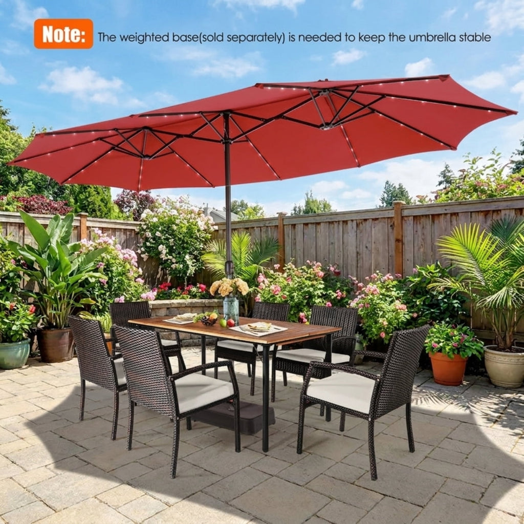 Biotree 15 FT Patio Umbrella, Twin Patio Umbrella with 48 Solar LED Lights for Patio Garden Backyard Pool, Dark Red