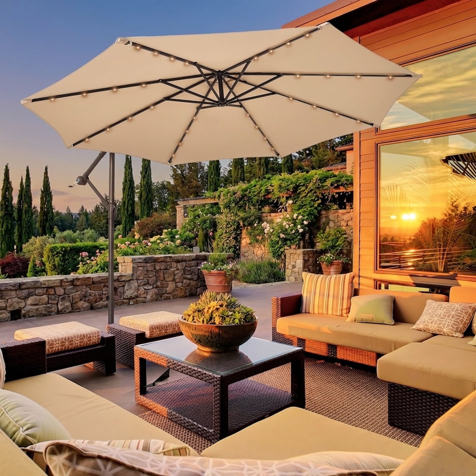 Biotree 10 Feet Cantilever Umbrella with 32 LED Lights and Solar Panel Batteries-Beige Outdoor Backyard