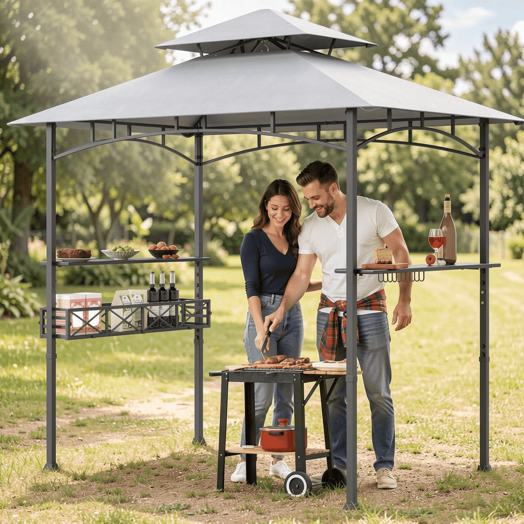 Biotree 8 x 5 Feet Outdoor Grill Gazebo with 2 Side Shelves and 10 Hooks Gray - Outdoor Patio Backyard Garden Shade Canopy Shelter