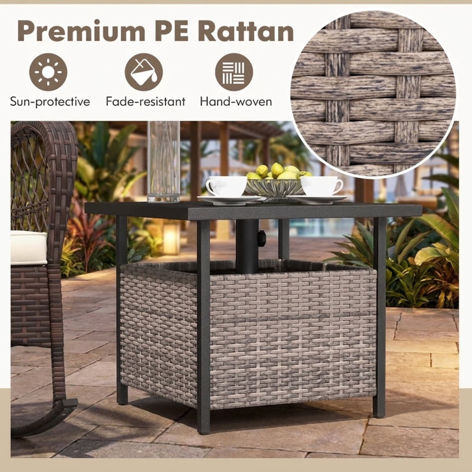 Biotree Outdoor Patio Rattan Wicker Steel Side Deck Table, Gray