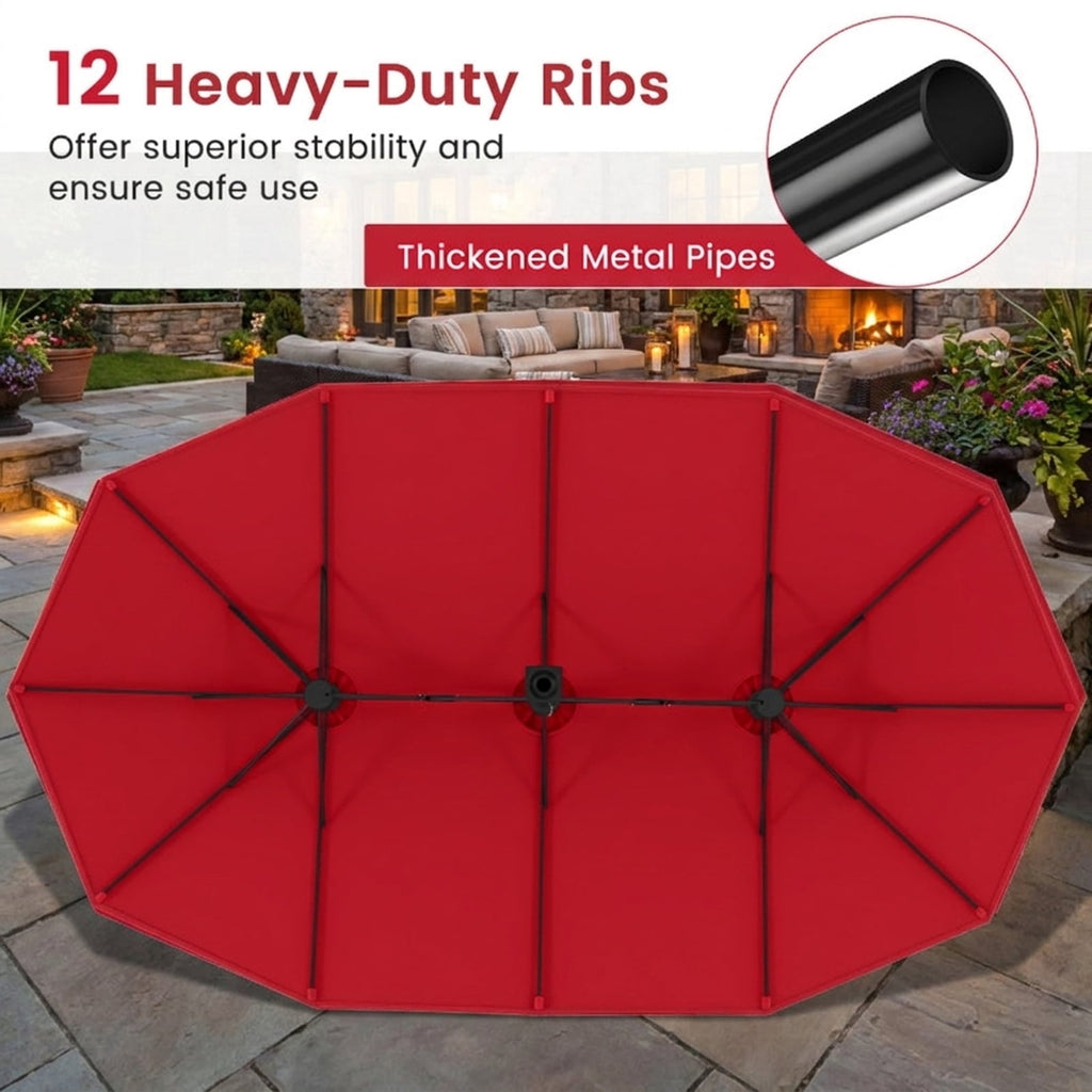 Biotree 15 ft Double-Sided Twin Patio Umbrella Crank Tilt Outdoor Shade - Red - UV Protection with Cross Base