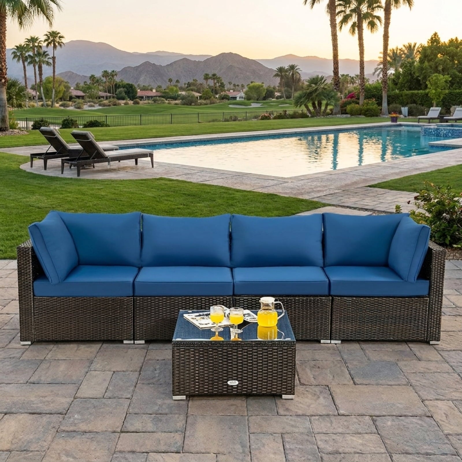 Biotree 5 Pieces Cushioned Patio Rattan Furniture Set with Glass Table Outdoor Conversation Set for Garden Backyard PorchNavy