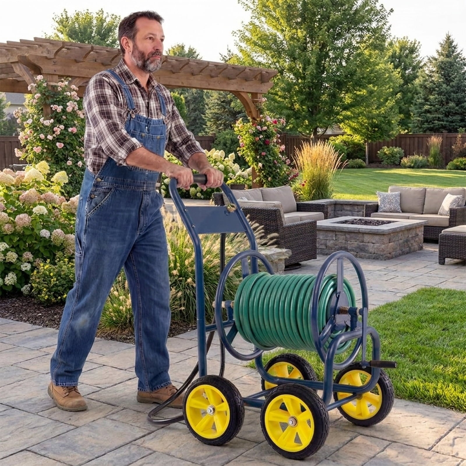 Biotree Garden Hose Reel Cart 4 Wheels Heavy-Duty Metal Water Hose Organizer Portable for Garden Yard Lawn Watering Outdoor, Blue