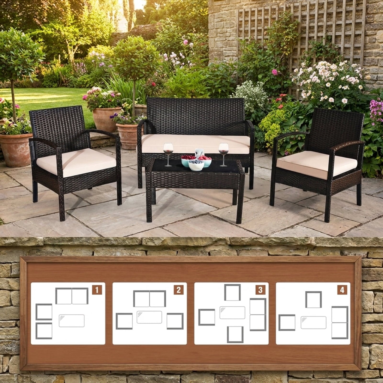 Biotree 4 Pieces Patio Rattan Conversation Set with Loveseat Sofas and Coffee Table Outdoor Conversation Set for Garden Backyard Porch