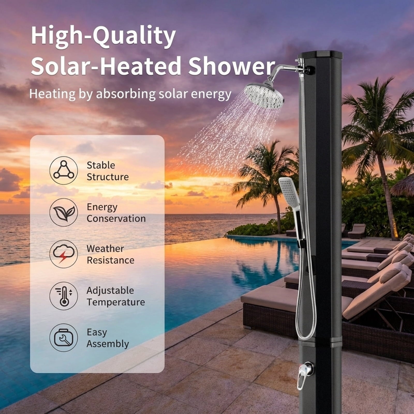 Biotree 7.2 Feet 9.3 Gallon Solar Heated Outdoor Shower with Hand and Foot Tap Portable Camping Solar Shower, Black