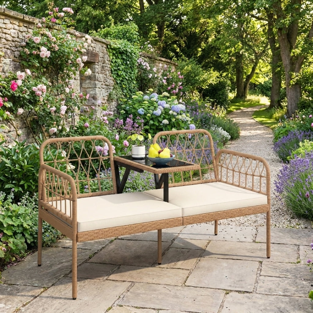 Biotree 2-Seat PE Rattan Outdoor Loveseat with Built-in Coffee Table and Soft Cushions Stackable Patio Chair for Garden BackyardWhite