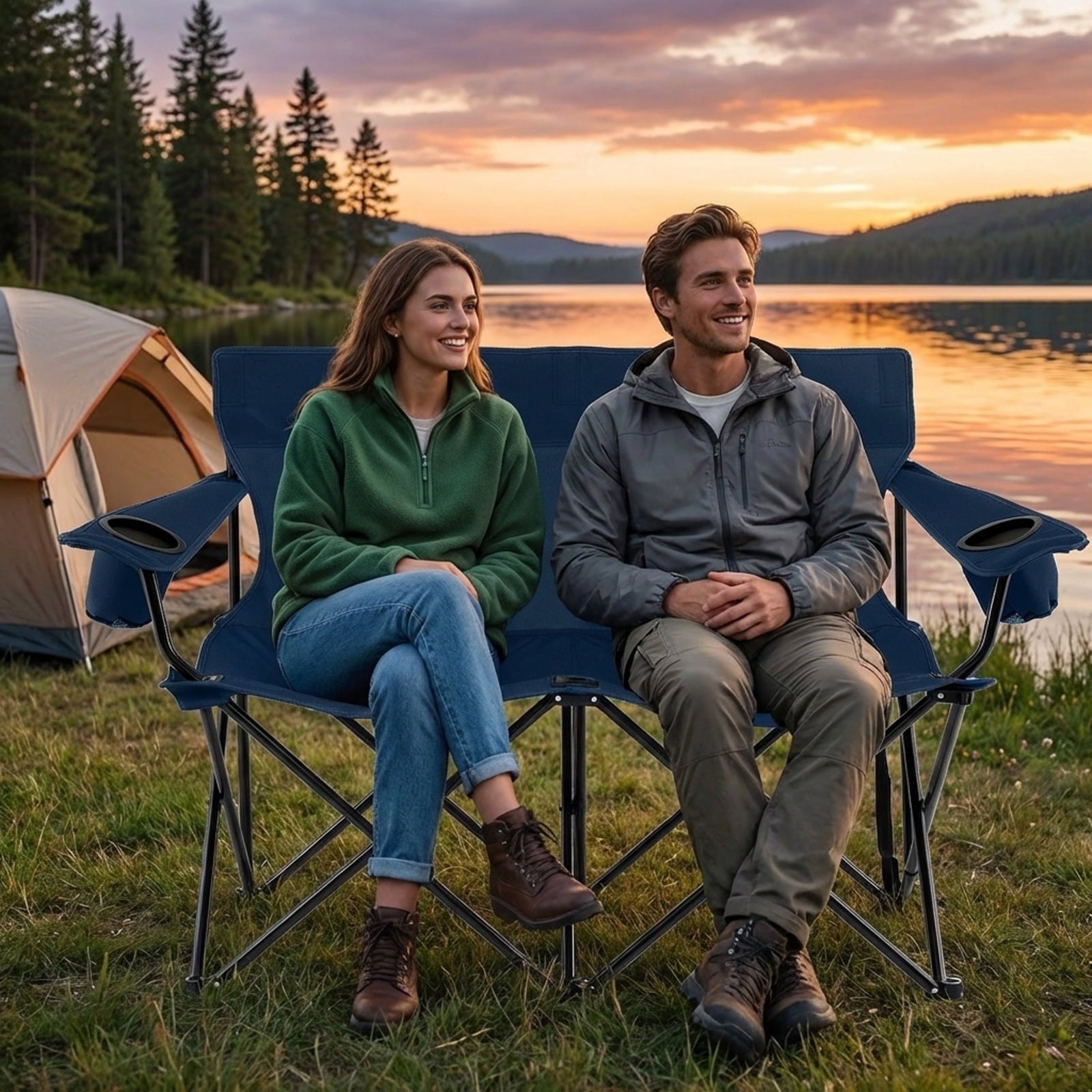 Biotree 2-Person Folding Outdoor Loveseat Camp Chair with Cup Holders Portable Double Camping Chair with Carry Bag, Blue