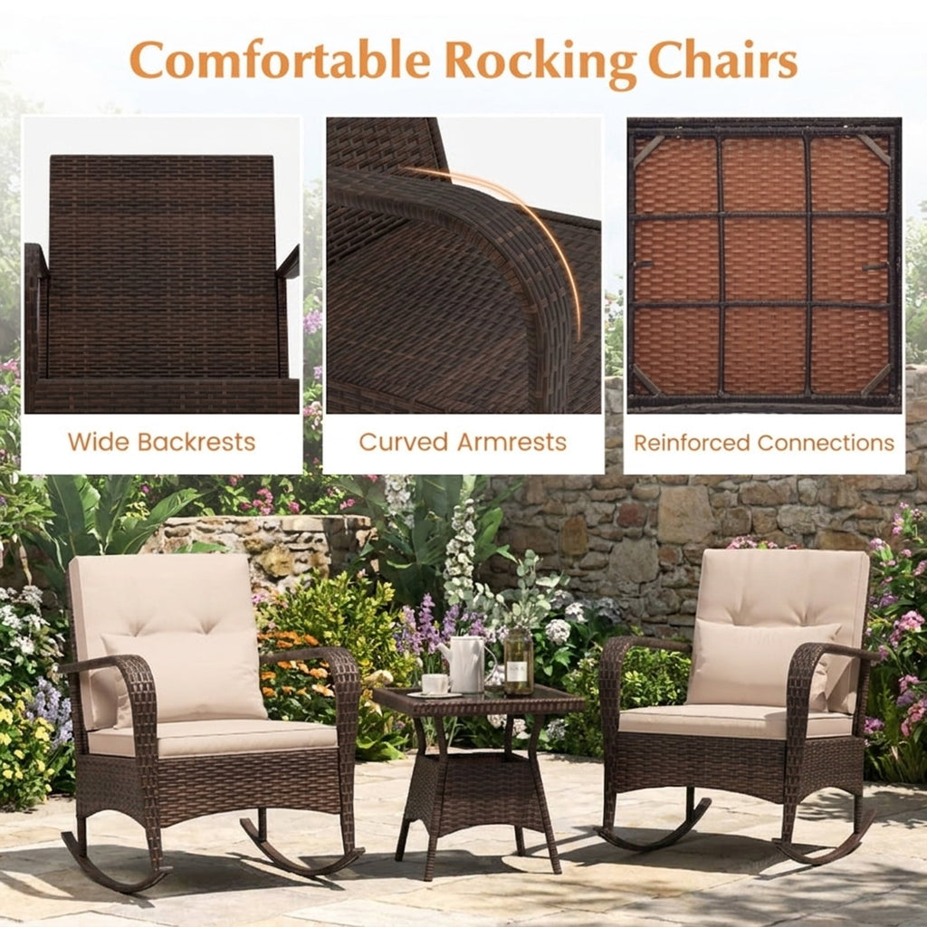 Biotree 3 Piece Outdoor Rocking Set with Tempered Glass Coffee Table for Backyard Poolside Outdoor Conversation Set for Garden Backyard PorchBrown
