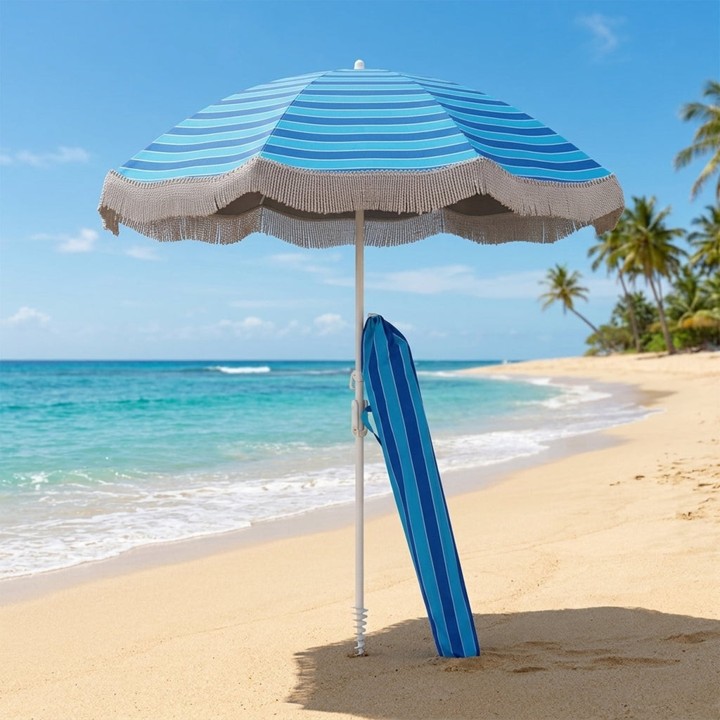 Biotree 6 ft Beach Tassel Fringe Patio Umbrella Crank Tilt Outdoor Shade - Blue - UV Protection with Cross Base