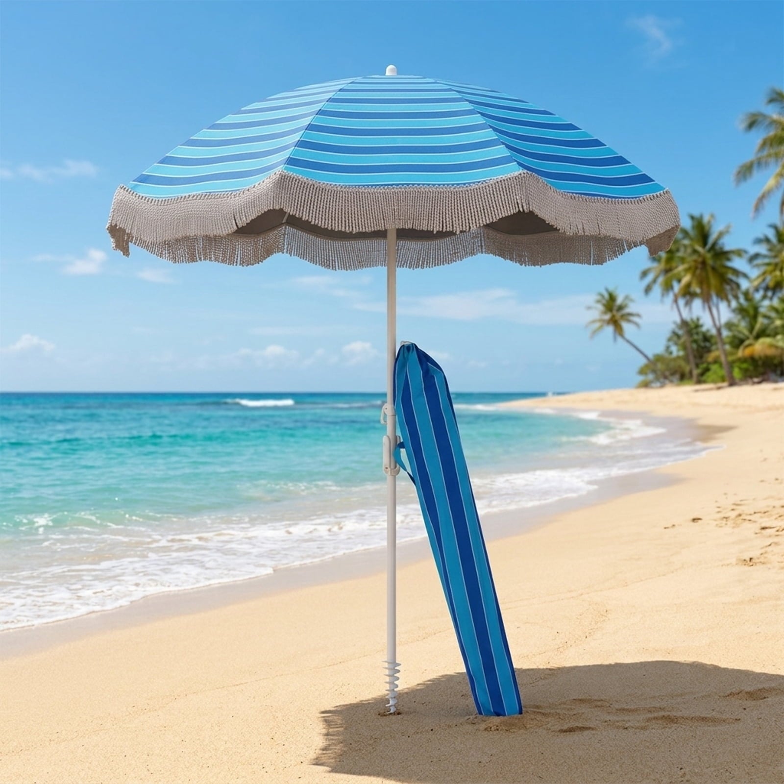 Biotree 6 ft Beach Tassel Fringe Patio Umbrella Crank Tilt Outdoor Shade - Blue - UV Protection with Cross Base