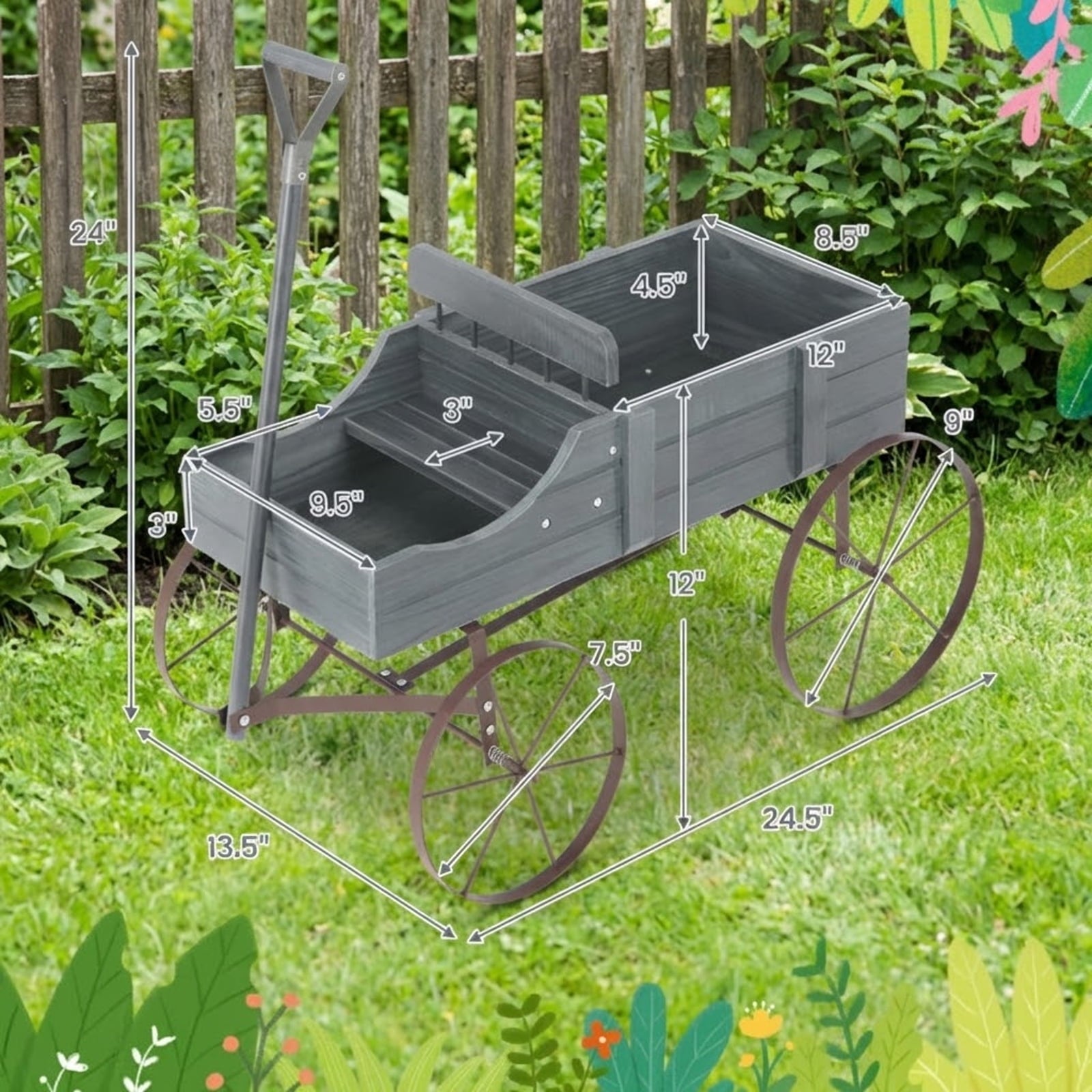 Biotree Wooden Wagon Plant Bed with Metal Wheels for Garden Yard Patio-Gray,Green