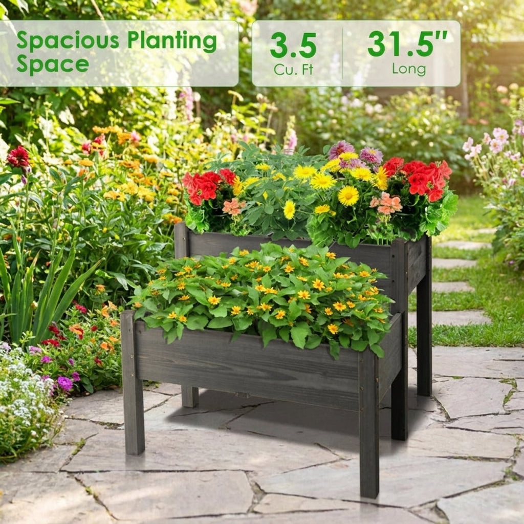 Biotree 2 Tier Wooden Raised Garden Bed with Legs Drain Holes, 34x33.5x28.5 Inch Stacked Fir Wood Elevated Planter Box for Vegetables Flowers Herbs, Gray