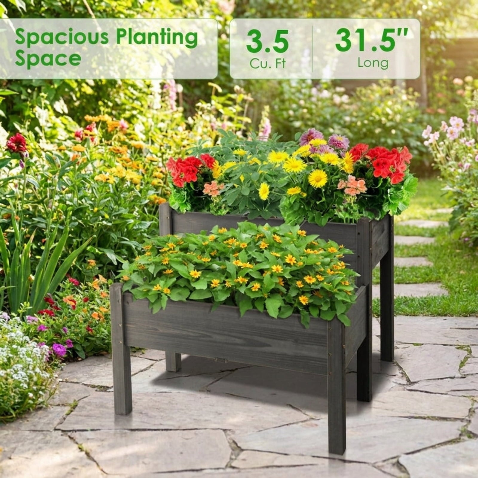 Biotree 2 Tier Wooden Raised Garden Bed with Legs Drain Holes, 34x33.5x28.5 Inch Stacked Fir Wood Elevated Planter Box for Vegetables Flowers Herbs, Gray