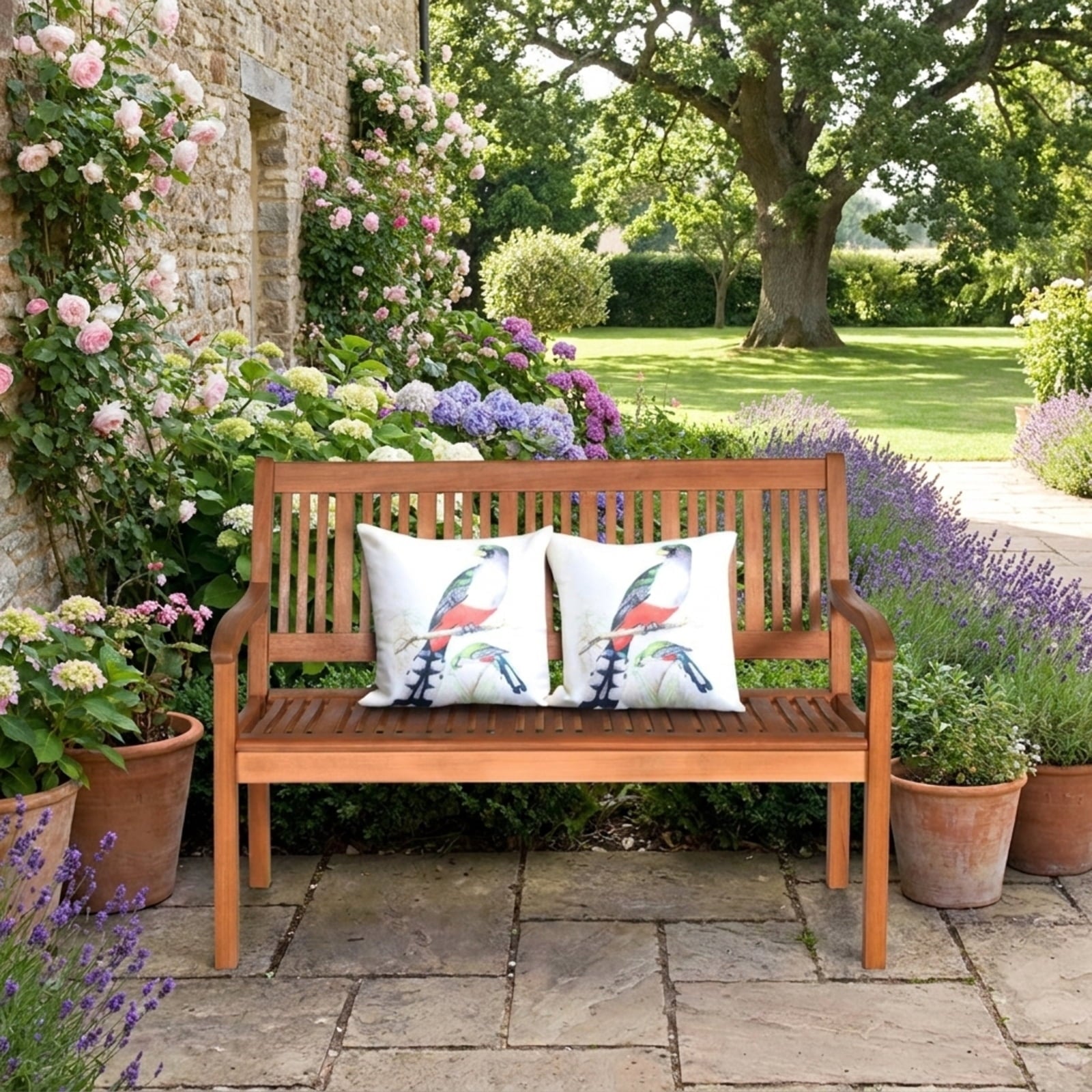 Biotree Two Person Solid Wood Garden Bench with Curved Backrest and Wide Armrest Stackable Patio Chair for Garden Backyard