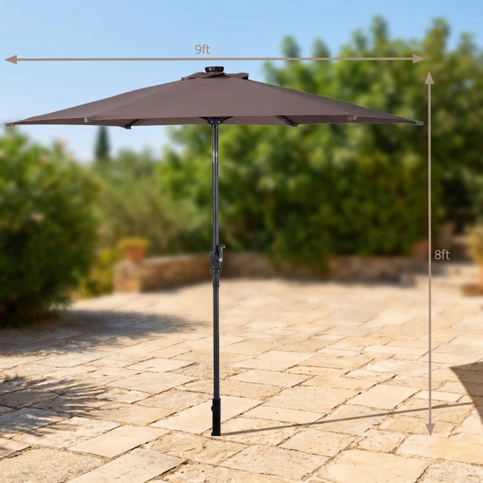 Biotree 9 ft Solar LED Market Patio Umbrella with Crank and Tilt, 6 Sturdy Ribs, Vented Canopy - Beige