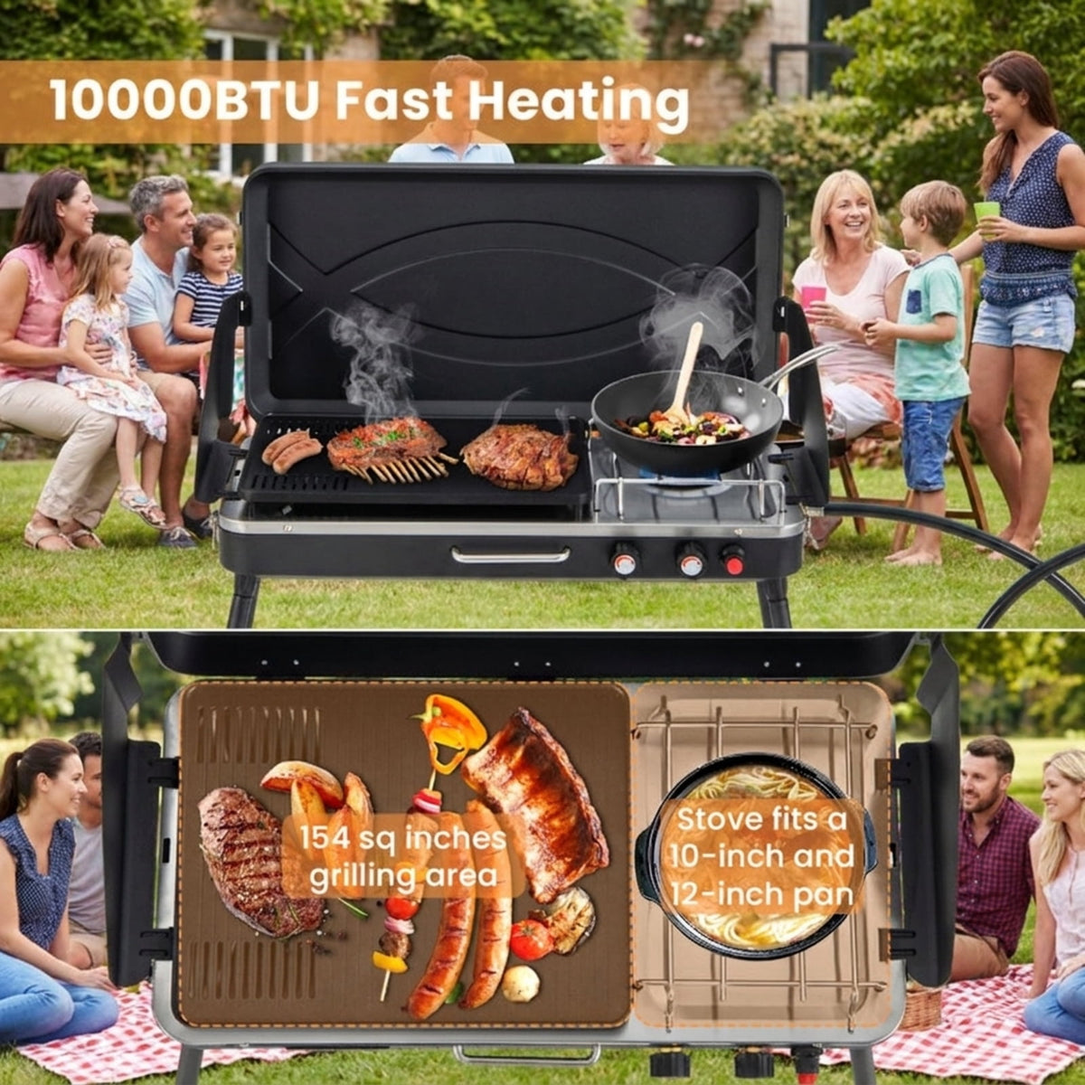 Biotree 2-in-1 Portable Gas Camping Grill and Stove, 20,000 BTU Propane Tabletop BBQ Grill, Foldable Camp Stove with Detachable Legs for Camping Picnic Backyard Black