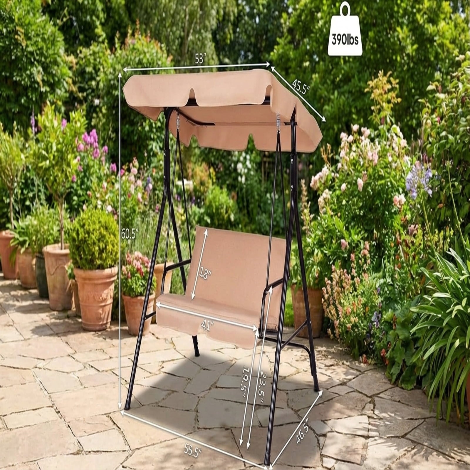 Biotree Loveseat Cushioned Patio Steel Frame Swing Glider -Beige Outdoor Garden Relaxation Deck Porch