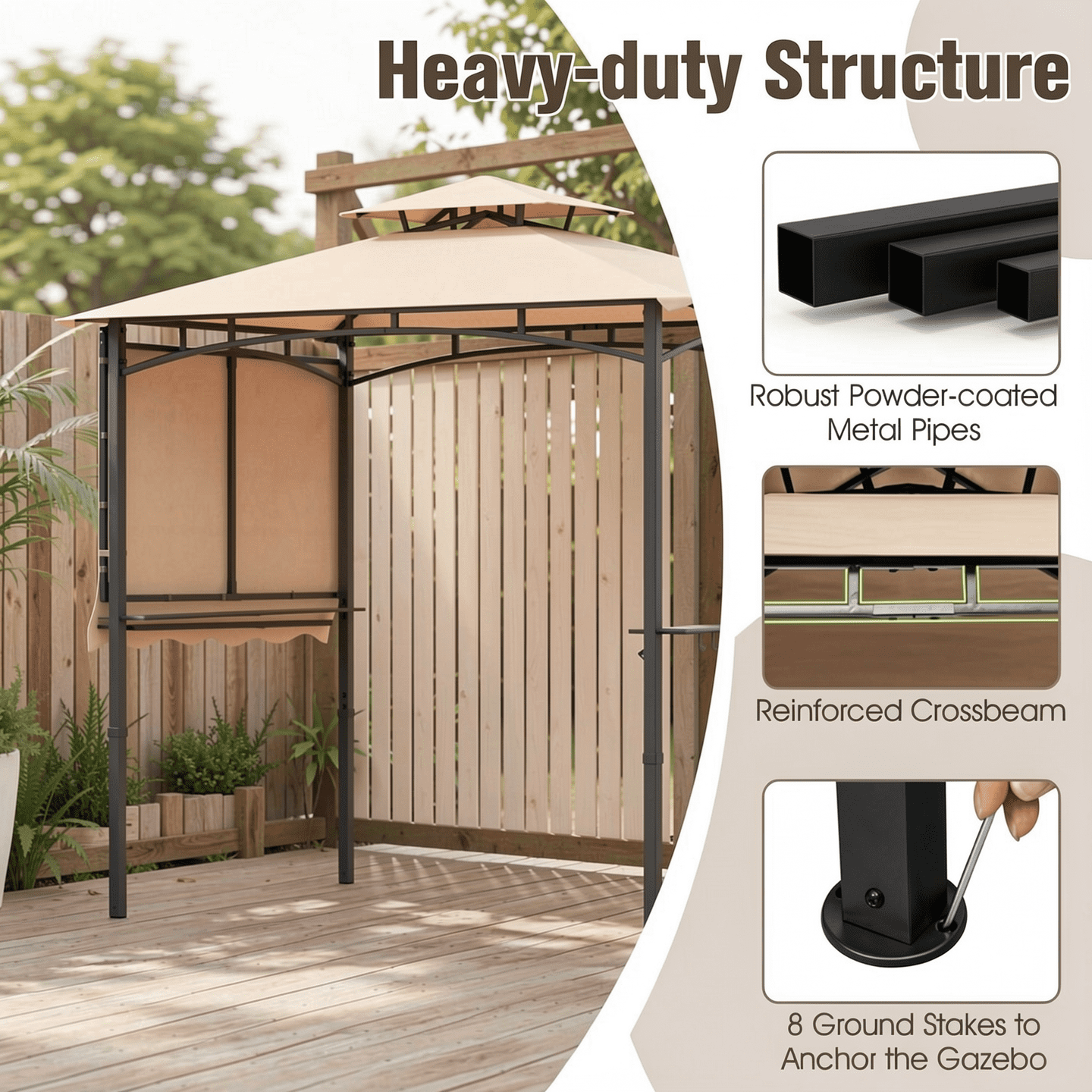 Biotree 11 x 5 FT Grill Gazebo with Side Awning and Double-Tiered Top Beige - Outdoor Patio Backyard Garden Shade Canopy Shelter