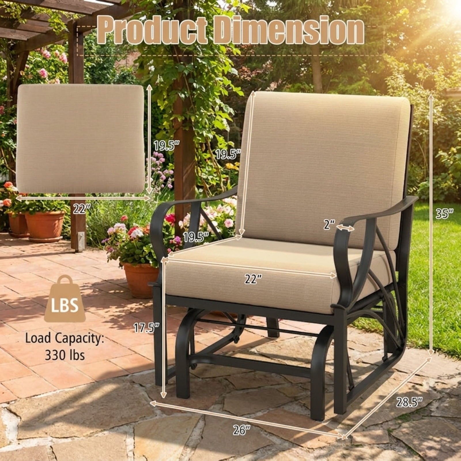 Biotree Patio Glider Rocking Chair with Thick Cushion and Curved Armrest Stackable Patio Chair for Garden BackyardTan