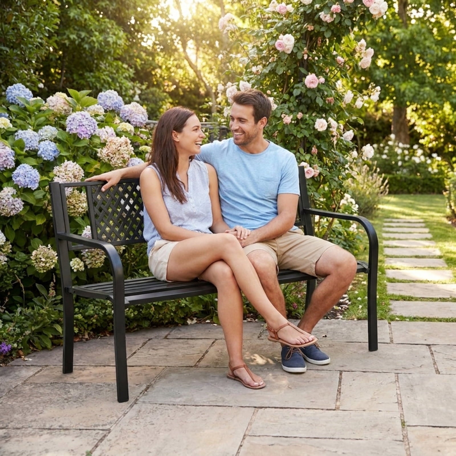 Biotree Outdoor Bench Metal Loveseat Patio Bench for 2-3-Person Stackable Patio Chair for Garden BackyardBlack