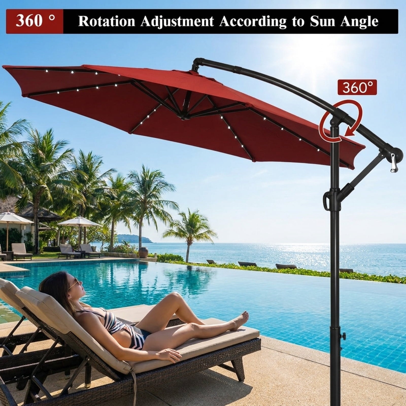 Biotree 10 ft Solar Offset Hanging Umbrella with 40 LED Lights Cross Base Included 180G Polyester Canopy for Patio Outdoor - Beige