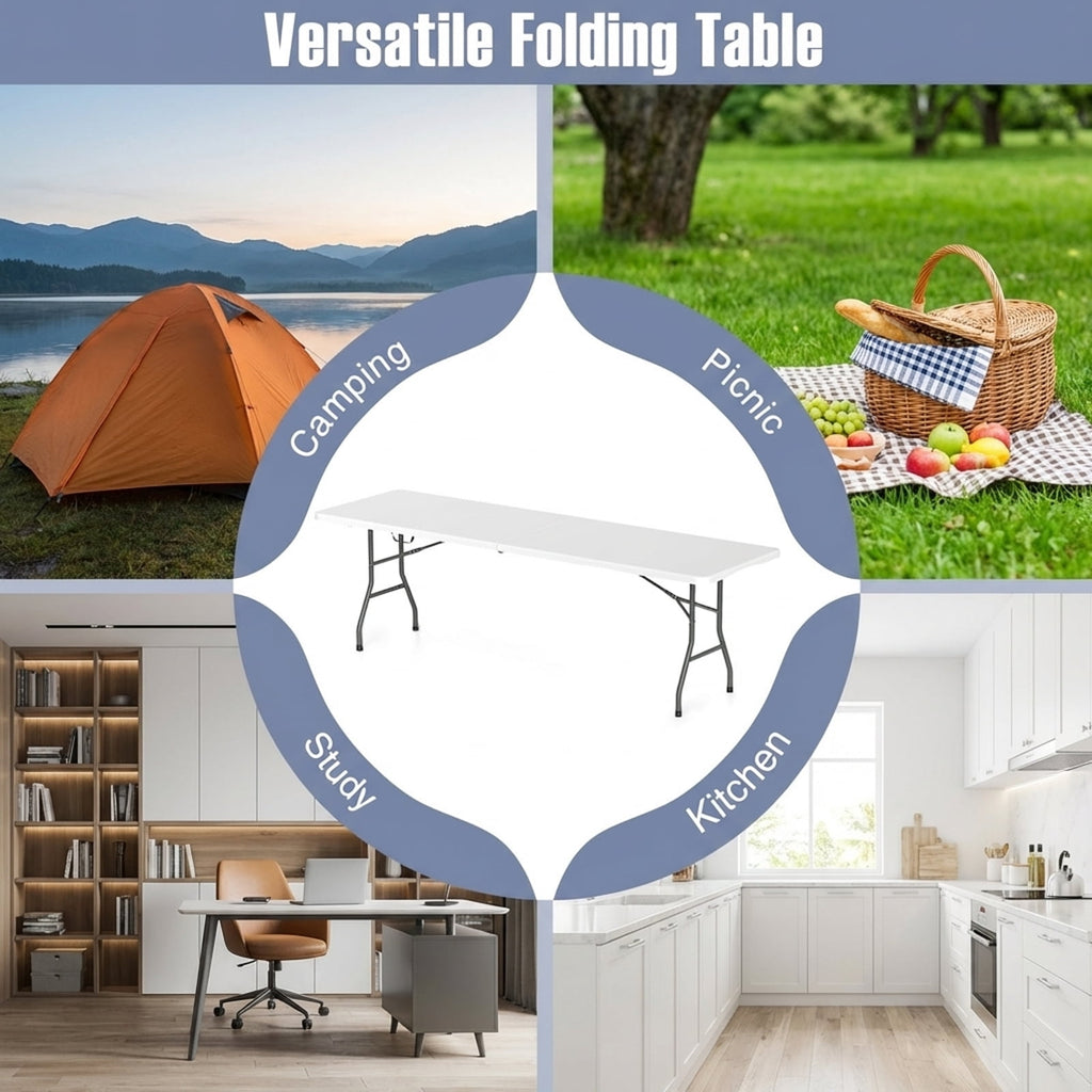 Biotree 8 ft Portable Folding Table 350 LBS Fold in Half Table with HDPE Tabletop, White