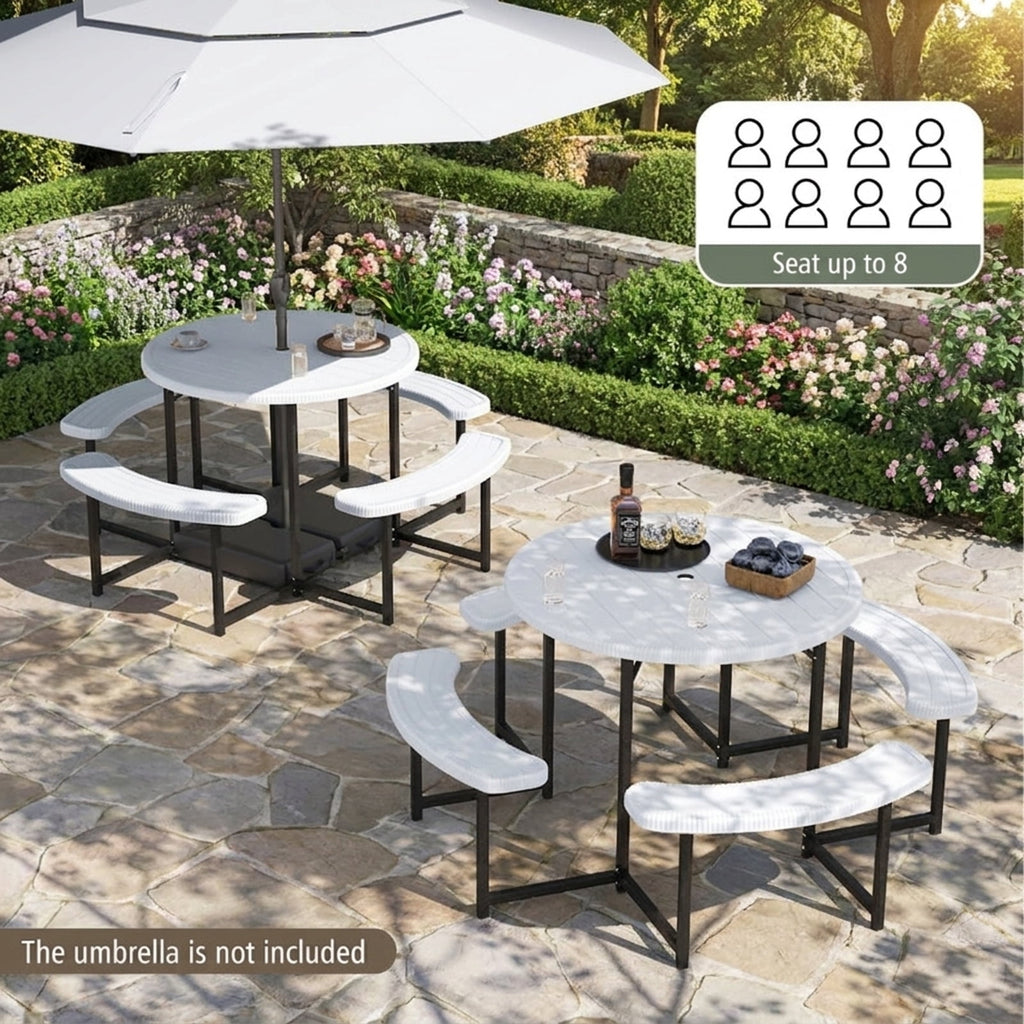 Biotree 62-Inch Round Picnic Table Bench Set with 4 Benches and Umbrella Hole for Patio Lawn, White