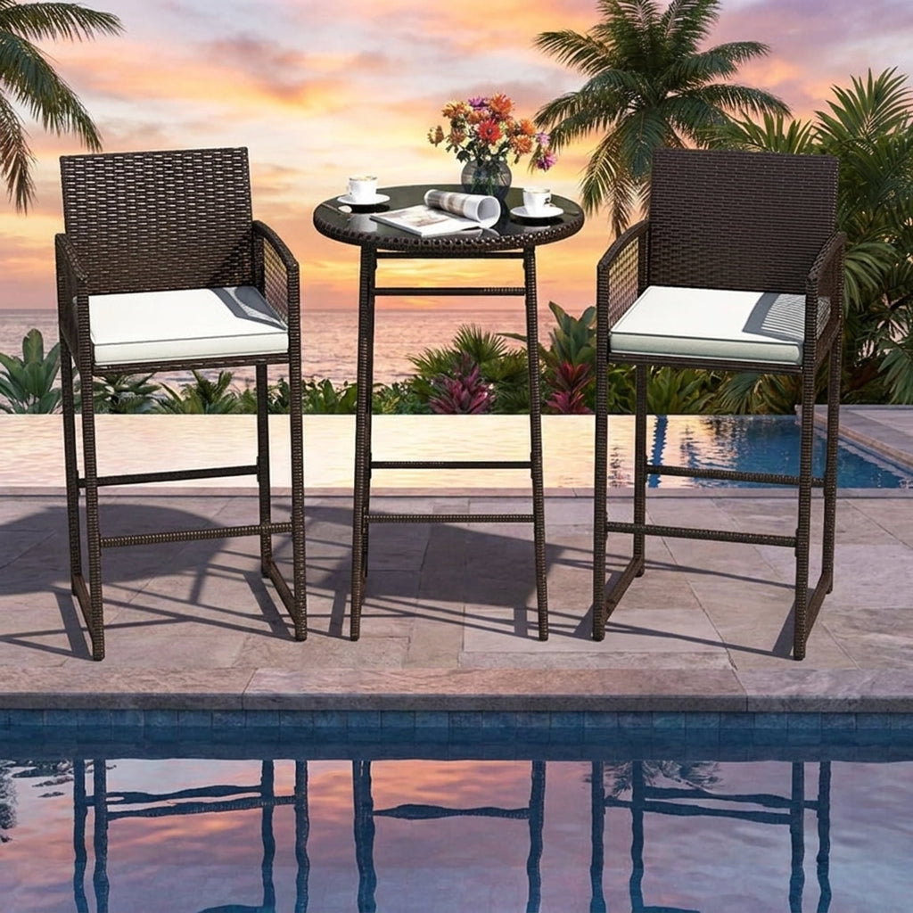 Biotree 3-Piece Patio Bar Set with Round Glass Table and Rattan Armchairs, White - Outdoor Patio Bar Height Furniture Set for Deck Garden