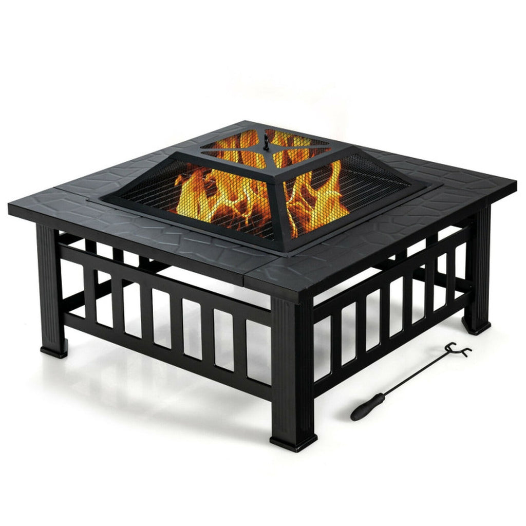 Biotree 32 Inch 3 in 1 Outdoor Square Fire Pit Table with BBQ Grill and Rain Cover for Camping for Outdoor Patio Backyard Garden Camping, Black