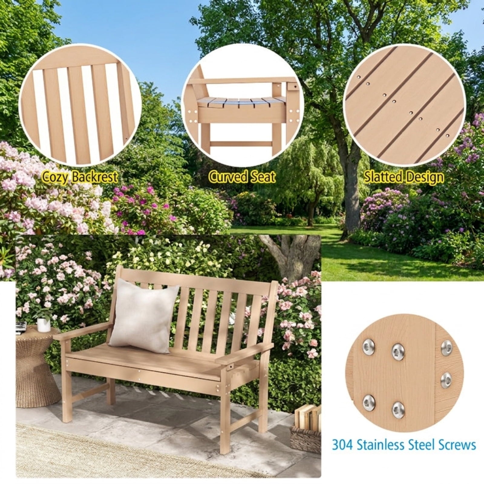 Biotree 52 Inch All-Weather HDPE Outdoor Bench with Backrest and Armrests Stackable Patio Chair for Garden BackyardTeak