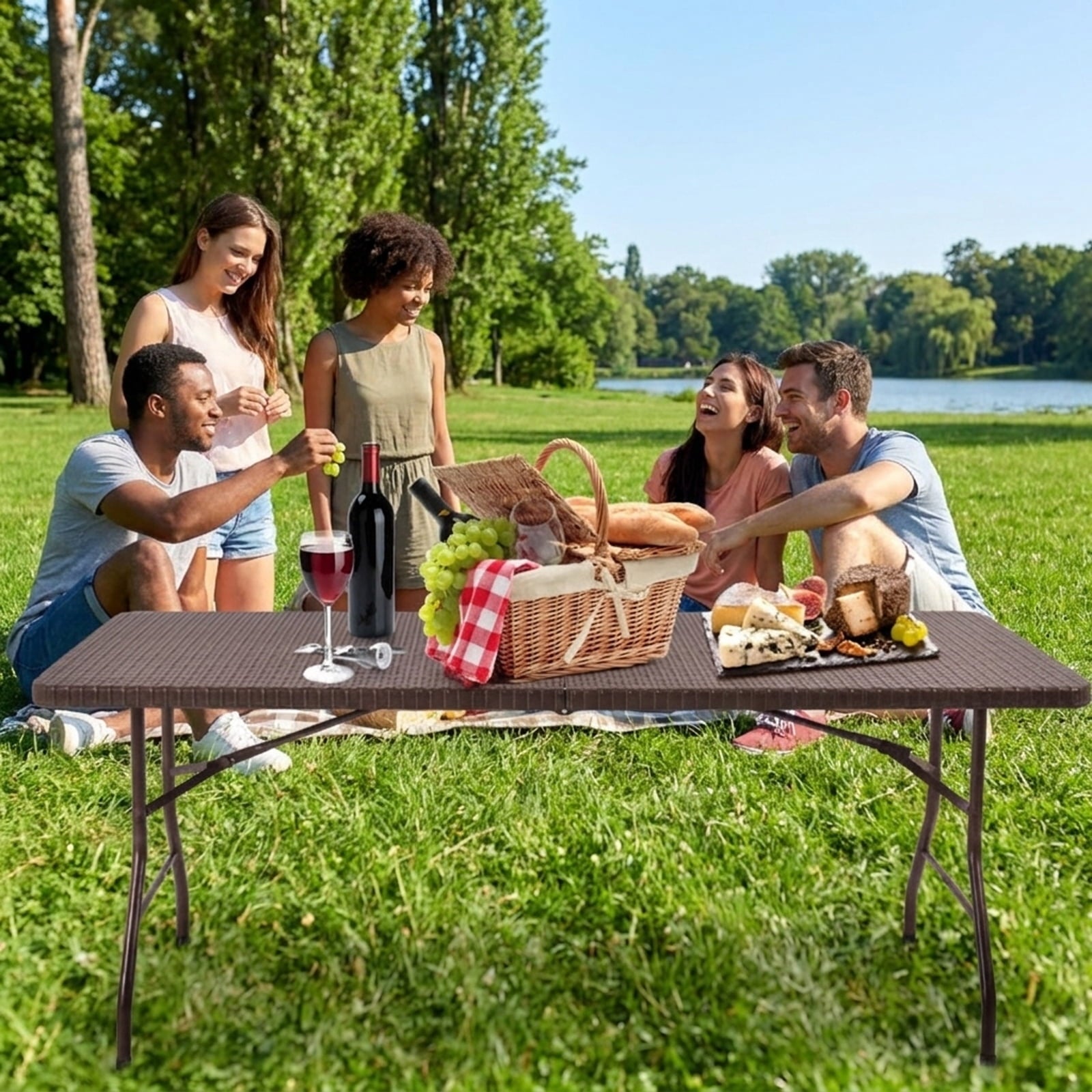 Biotree 6 Feet Folding Portable Rattan Table with Carrying Handle, Brown