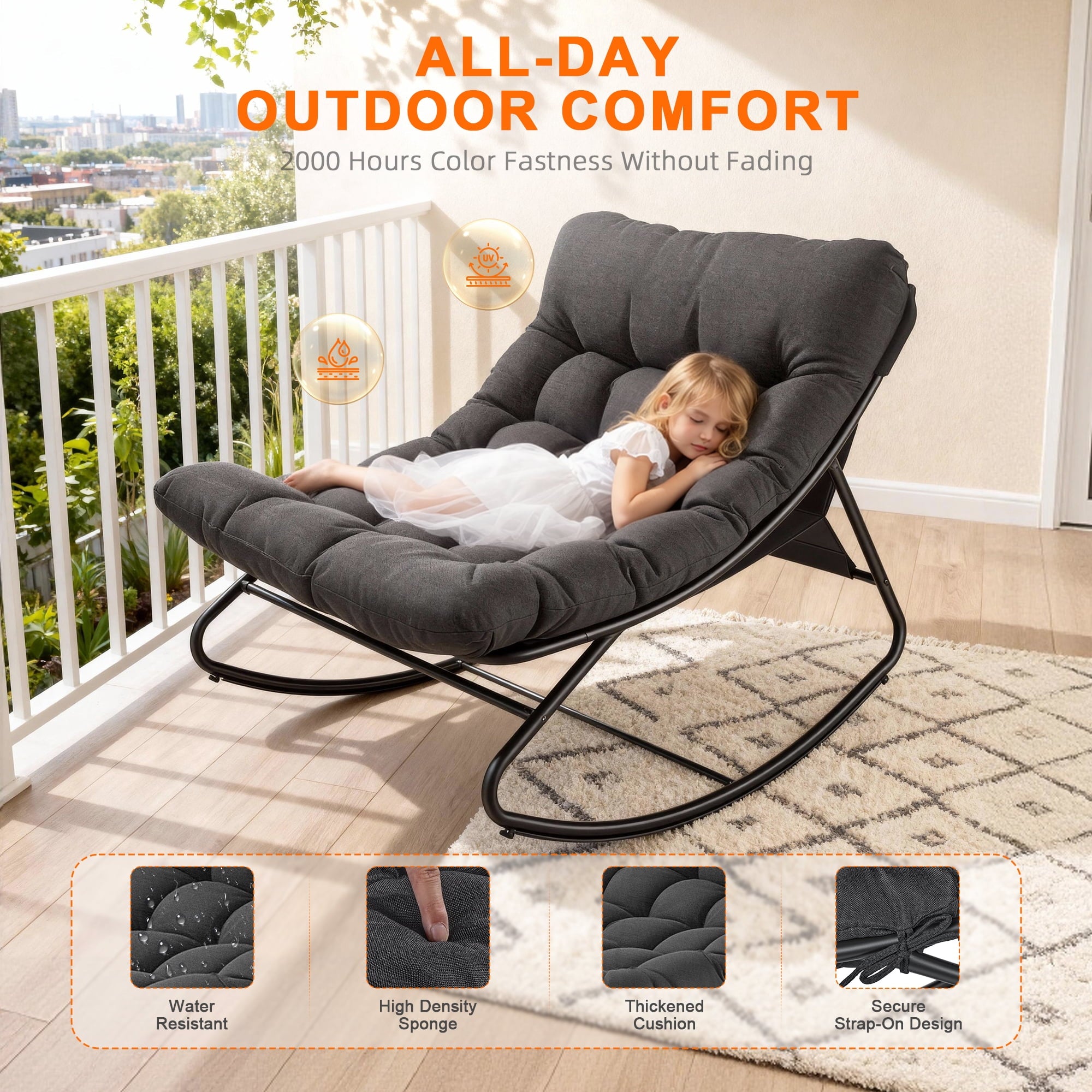 Biotree Oversized Outdoor Rocking Chair,Patio Rocker with Thick Cushion, Weather Resistant Mesh Rocking Chair for Porch, Backyard, Garden,Steel Frame,Black