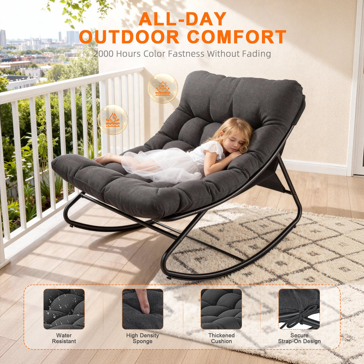 Biotree Oversized Outdoor Rocking Chair,Patio Rocker with Thick Cushion, Weather Resistant Mesh Rocking Chair for Porch, Backyard, Garden,Steel Frame,Black