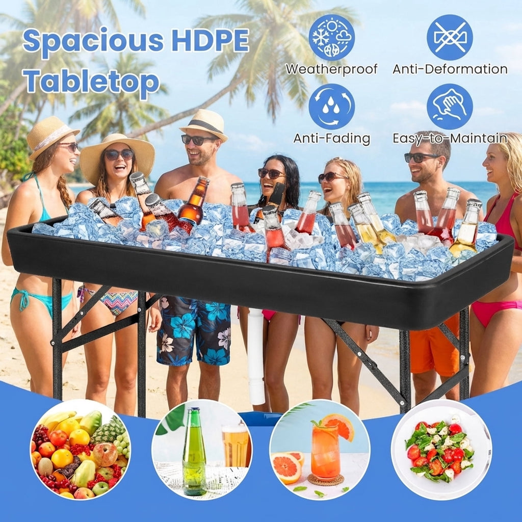 Biotree 4 Feet Folding Ice Cooler Table with Matching Skirt Portable Party Table with Built-In Ice Bin for Events, Black