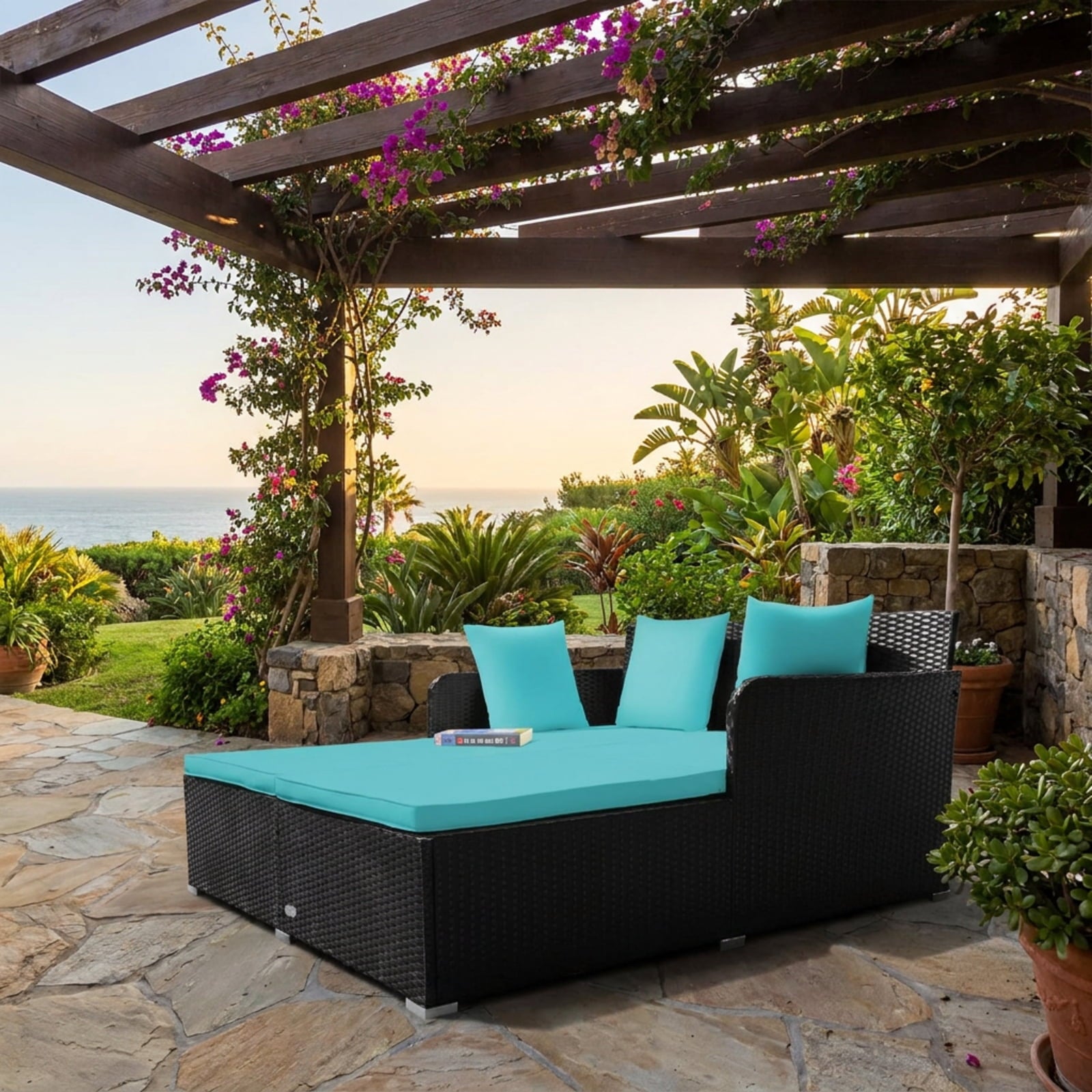 Biotree Spacious Outdoor Rattan Daybed with Upholstered Cushions and Pillows Outdoor Conversation Set for Garden Backyard PorchTurquoise