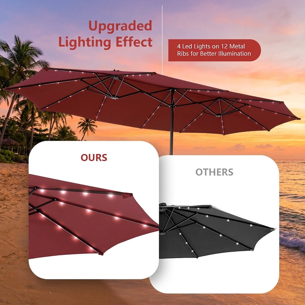 Biotree 15 Feet Double-Sided Patio Umbrella with 48 LED Lights-Dark Red Outdoor Backyard Deck Garden