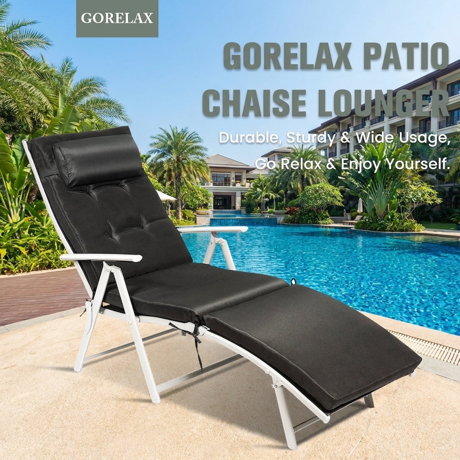 Biotree Adjustable Folding Chaise Lounge Chair with Pillow-Black