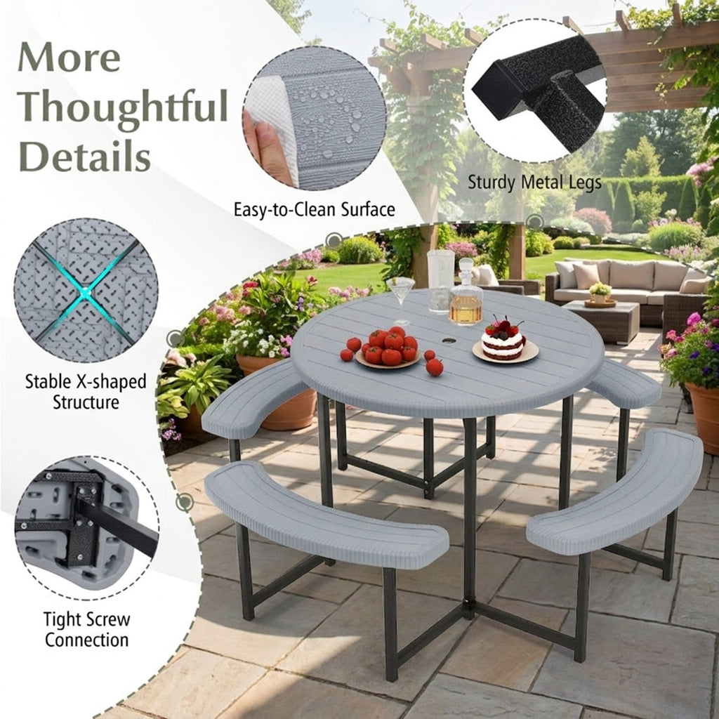Biotree 62-Inch Round Picnic Table Bench Set with 4 Benches and Umbrella Hole for Patio Lawn, Gray