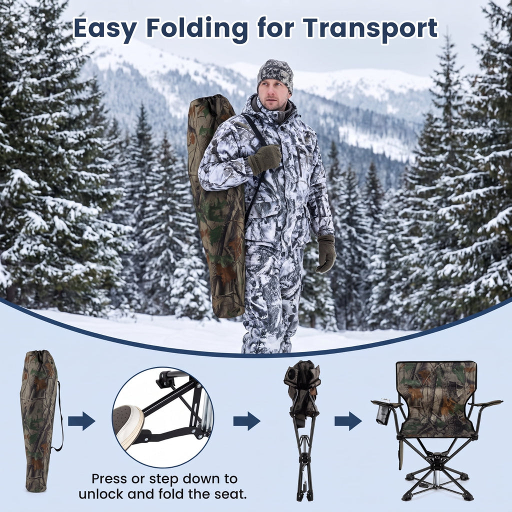 Biotree 360 Degree Swivel Hunting Chair, Portable Folding Camping Chair with Cup Holder, Storage Pockets and Carry Bag, 300 Lbs Capacity, Green
