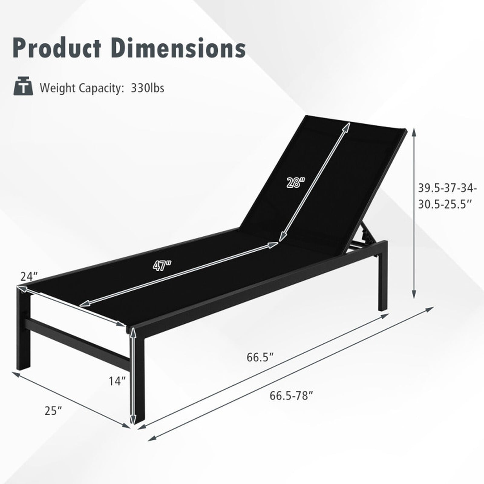 Biotree 6-Position Chaise Lounge Chairs with Rustproof Aluminium Frame Stackable Patio Chair for Garden BackyardBlack
