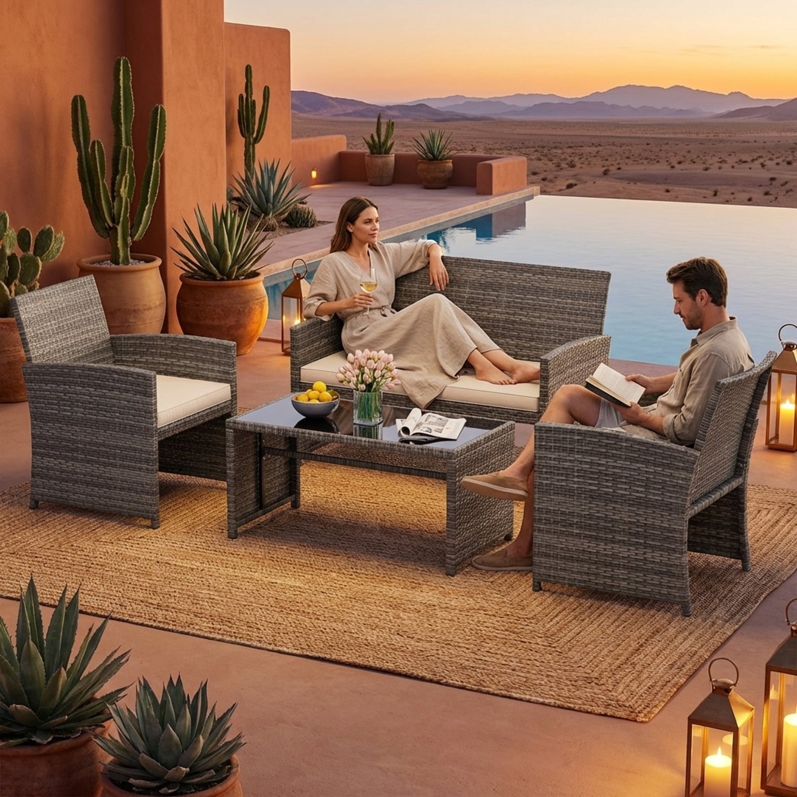 Biotree 4-Piece Patio Rattan Loveseat and Table Set-Off White
