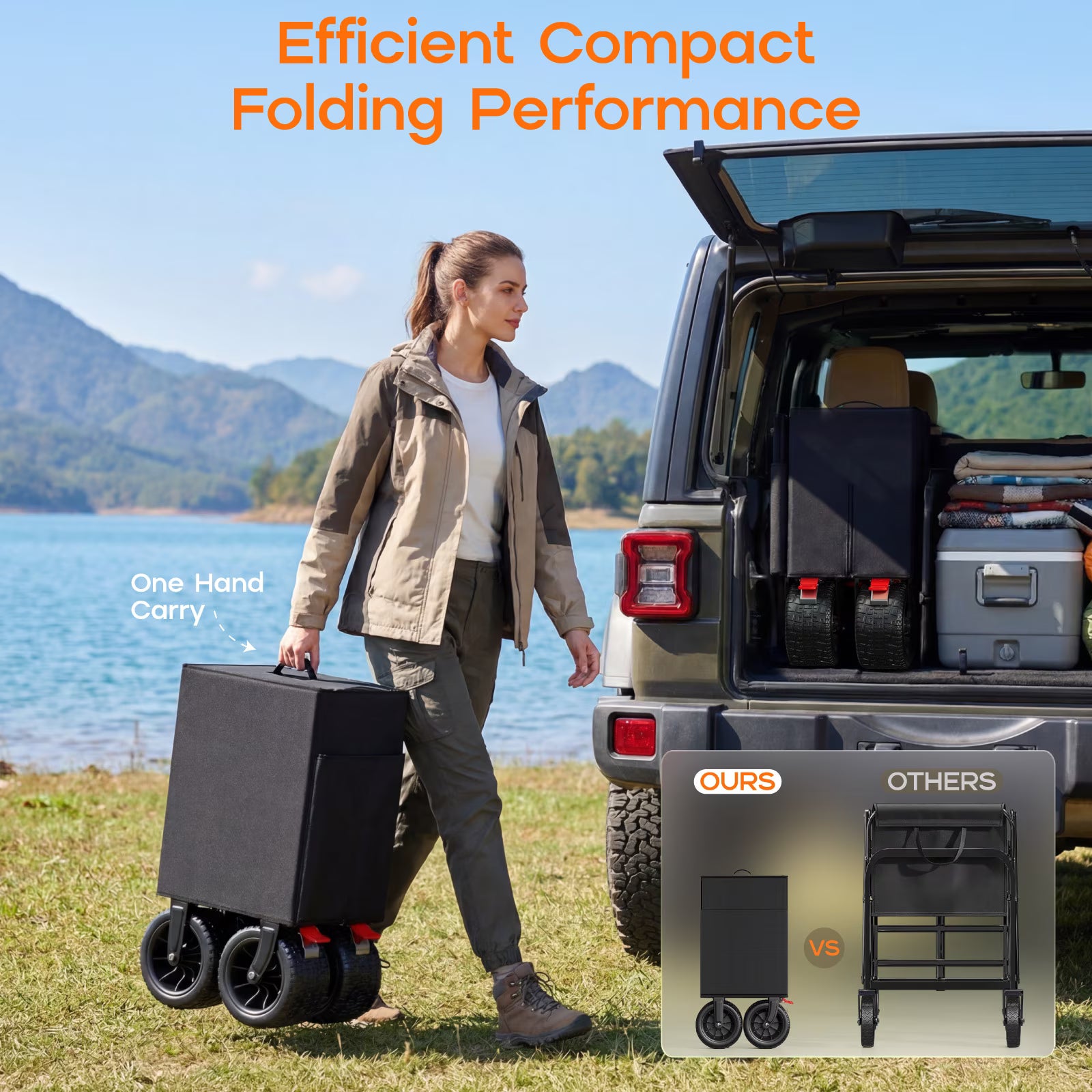Biotree Collapsible Wagon Cart with Brakes, 300L 600Lbs Heavy Duty Folding Beach Wagon,All Terrain Utility Wagon for Camping Sports Garden Grocery, Black