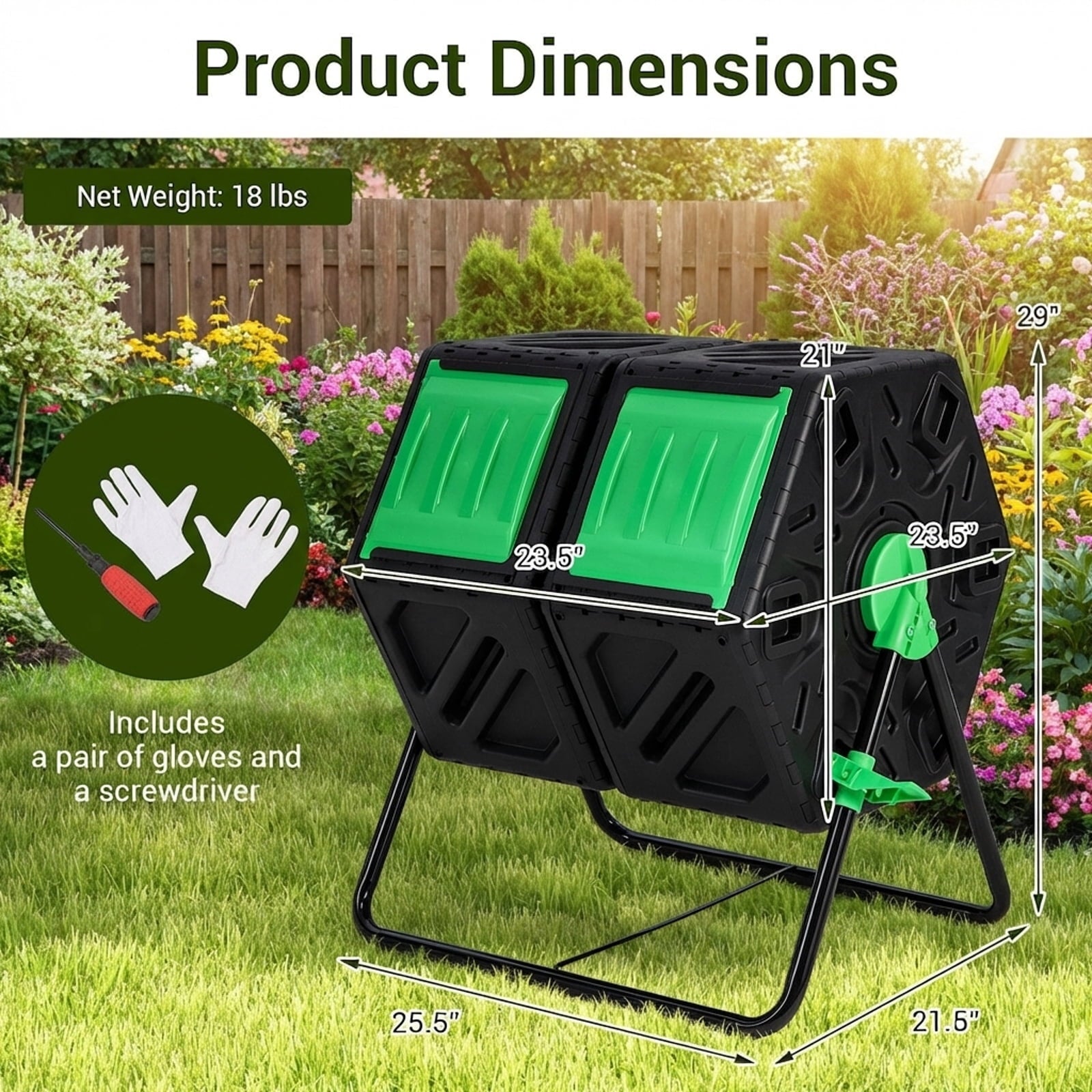 Biotree Dual Chamber Garden Compost Tumbler with Sliding Doors-Black and Green Outdoor Organic Yard Waste