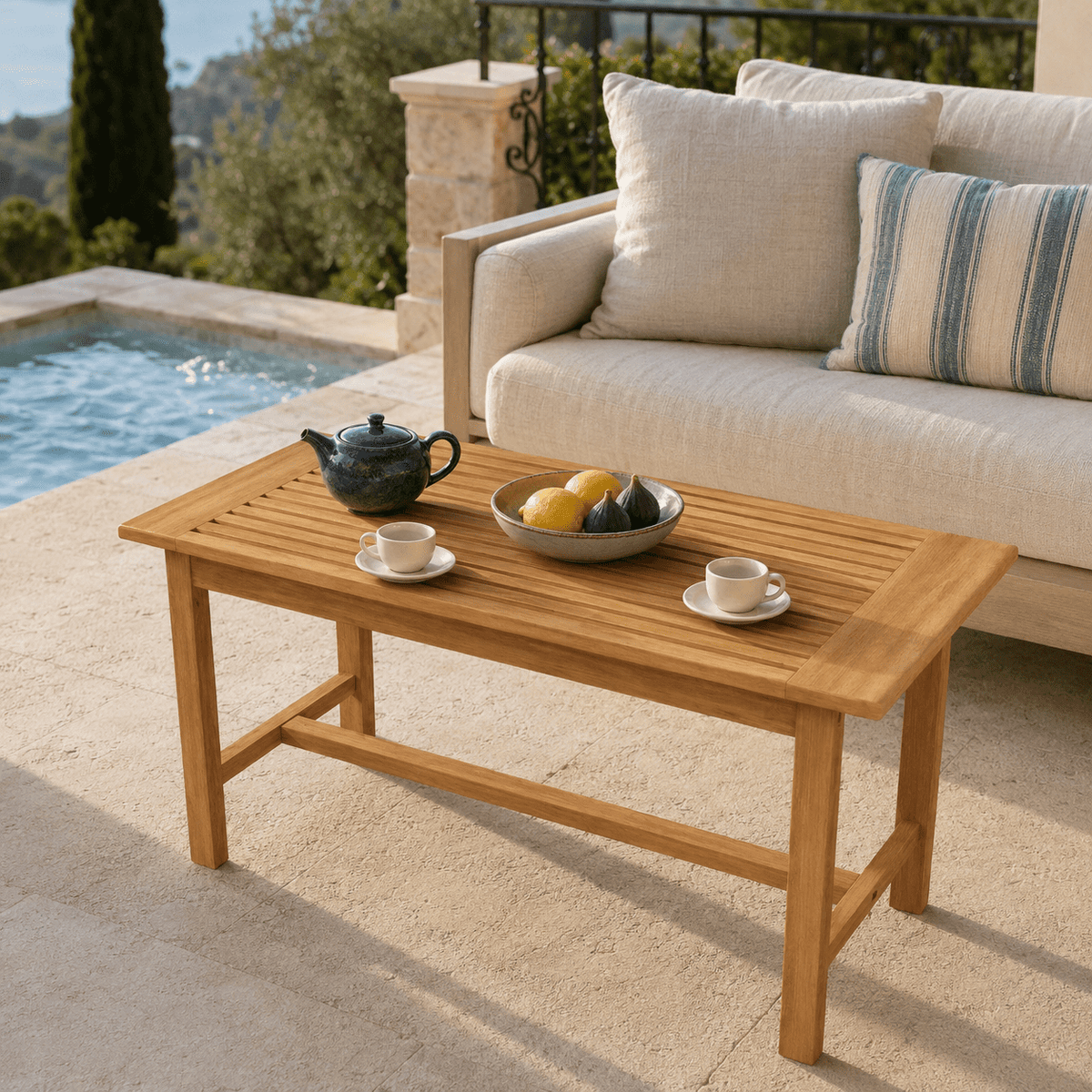 Biotree 36-Inch Rectangular Teak Wood Patio Coffee Table with Slatted Top, Reinforced Outdoor Side Table for Garden, Poolside and Balcony, Natural