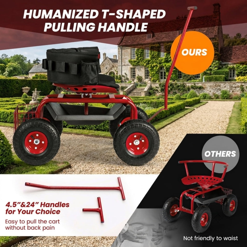 Biotree 330lbs Rolling Garden Cart with Height Adjustable 360¡ãSwivel Seat, Garden Scooter with Storage Basket, Sit Down Garden Cart with Tool Tray for Weeding Planting Gardening Red