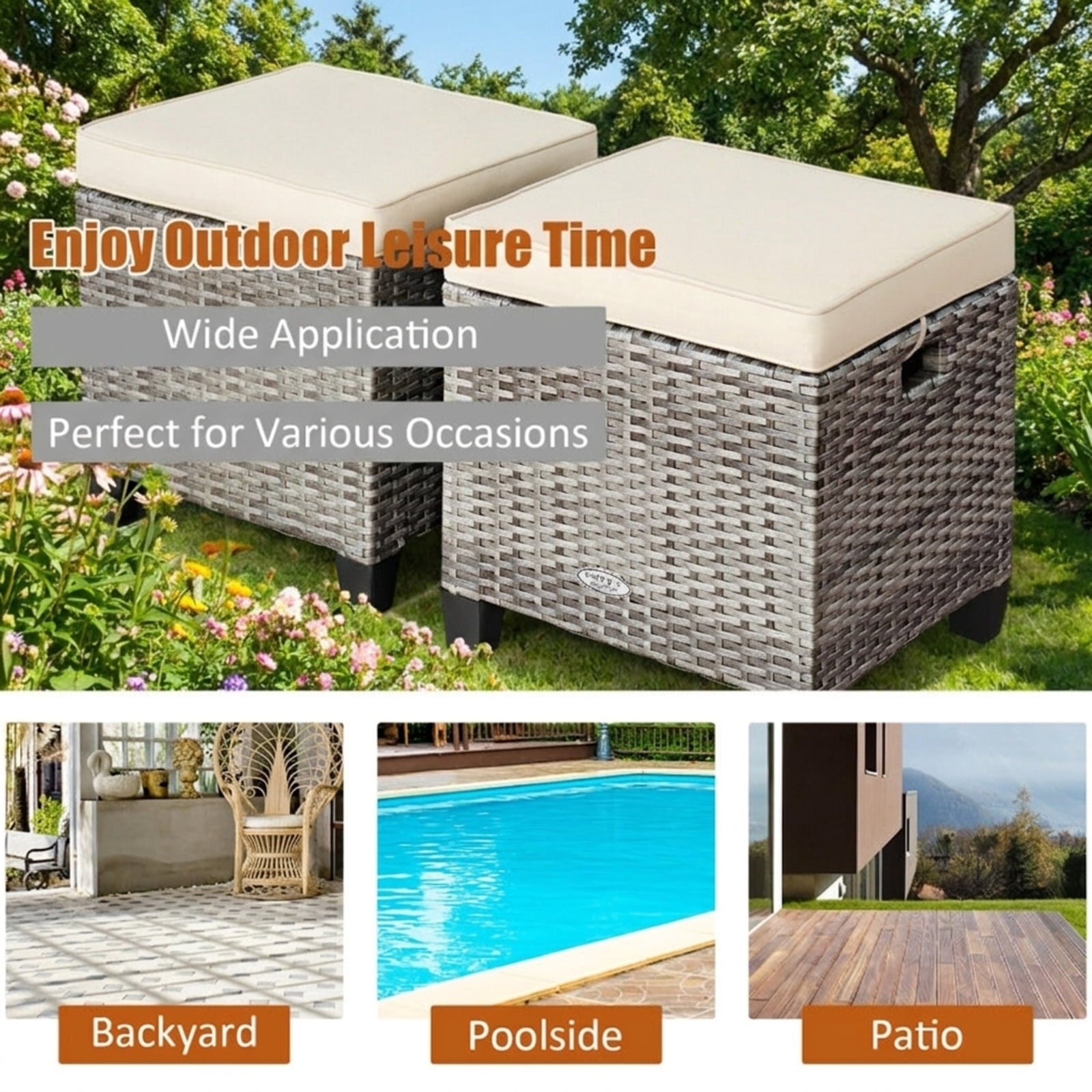 Biotree 2 Pieces Patio Rattan Ottoman Seat with Removable Cushions Stackable Patio Chair for Garden BackyardBeige