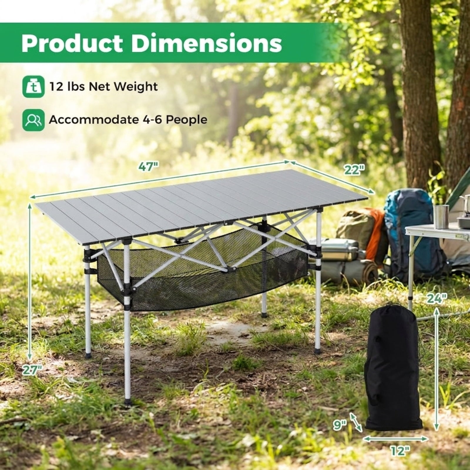 Biotree Patio Folding Camping Table with Roll up Tabletop and Mesh Basket, Silver