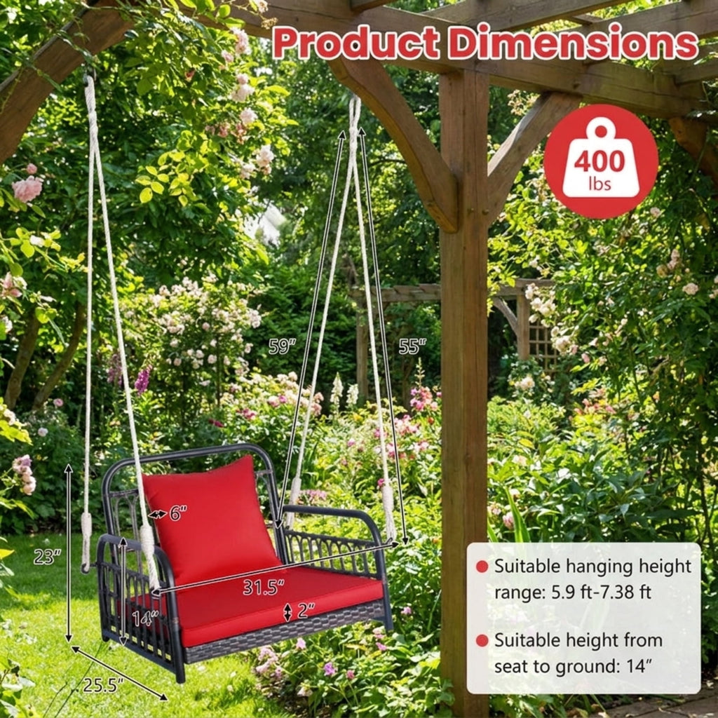 Biotree Patio Rattan Porch Swing Hammock Chair with Seat Cushion for Patio Porch Garden Backyard Outdoor, Red