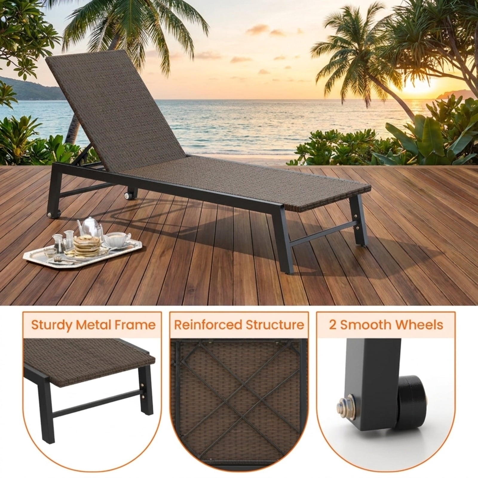 Biotree Patio PE Rattan Chaise Lounge with 5-Level Backrest and Wheels Stackable Patio Chair for Garden BackyardBrown